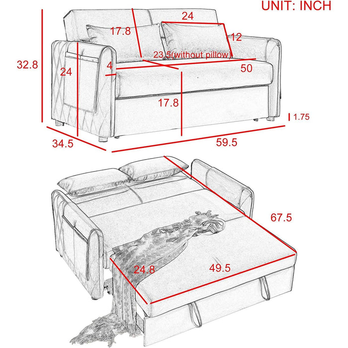 Blue Velvet Convertible Sofa Bed with Adjustable Backrest