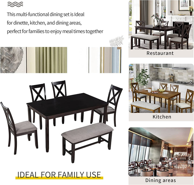 Farmhouse Style Wooden Dining Set for 6 with Bench