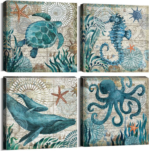 Coastal Bathroom Wall Art Set with Sea Creatures