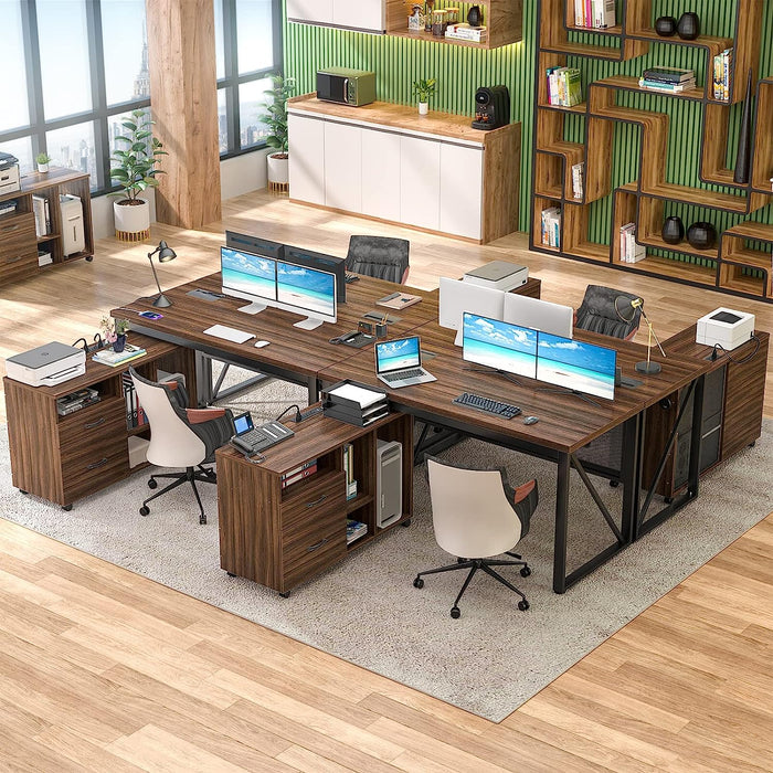 Rustic Oak L-Shaped Executive Desk with Cabinet