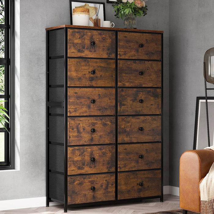 12-Drawer Rustic Brown Fabric Dresser with Metal Frame