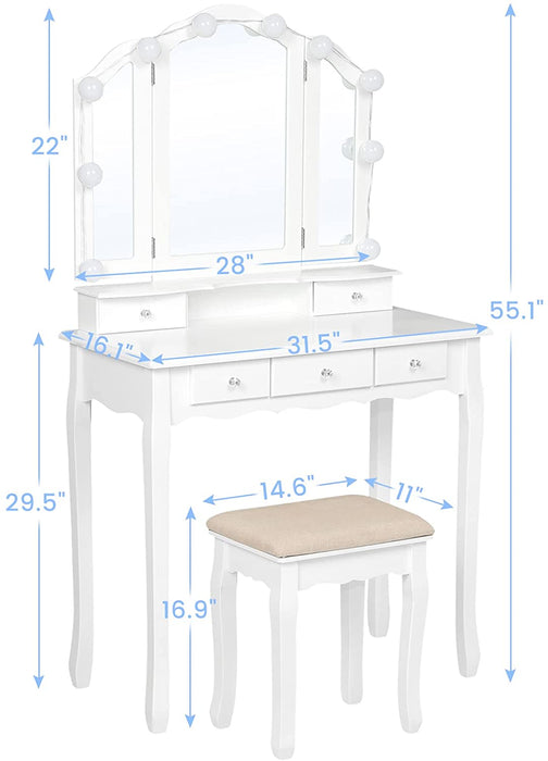 White Vanity Desk with Lighted Mirror and Stool