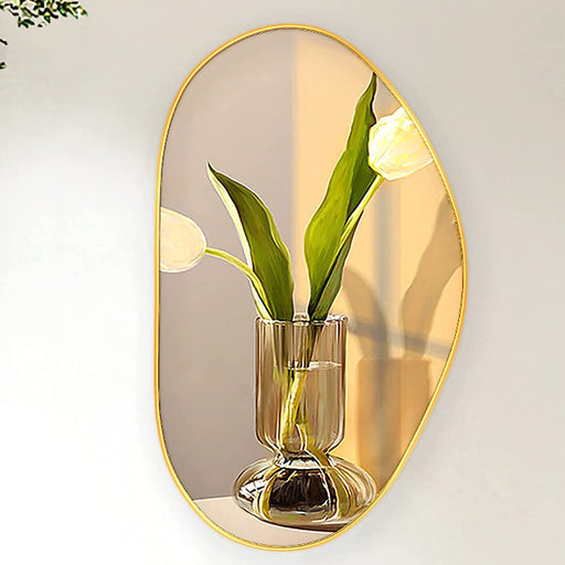 Irregular Brass Framed Wall Mirror, 25X14 Inch Gold Asymmetrical Wall Mounted Decorative Vanity Mirror with Hanging Chain for Living Room, Bedroom, Bathroom, Entryway