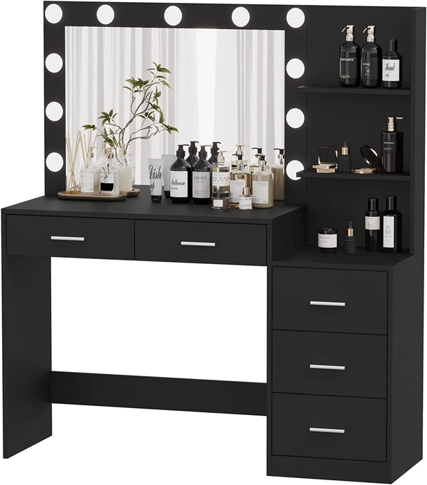 Large Black Makeup Vanity Table with Lighted Mirror