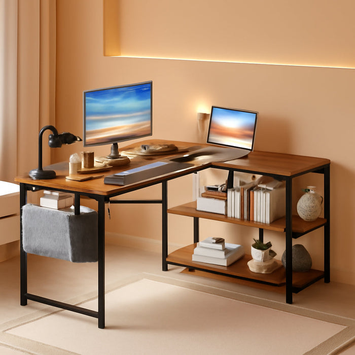 Rustic L-Shaped Desk with Outlets & USB Ports