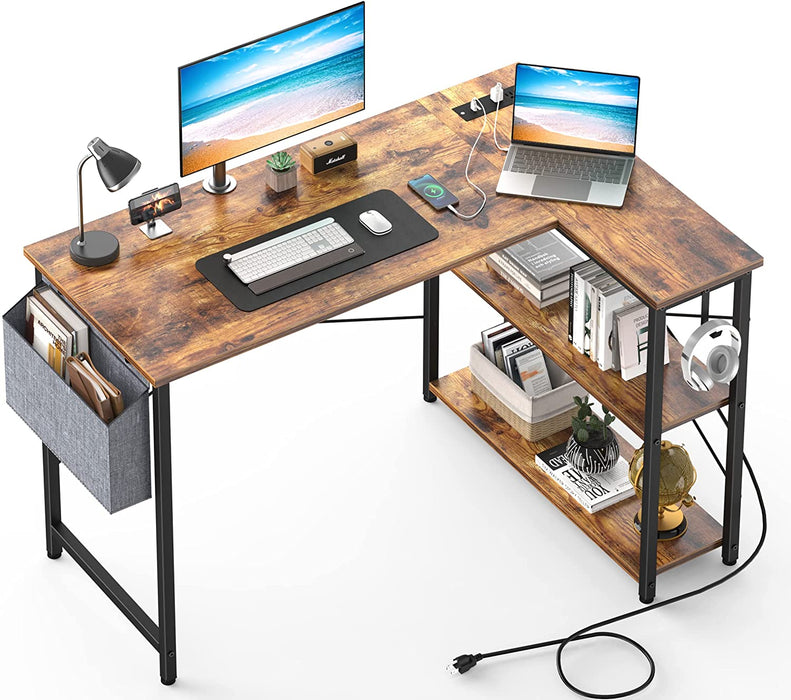 Rustic L-Shaped Desk with Outlets & USB Ports