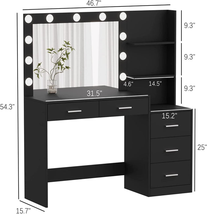 Large Black Makeup Vanity Table with Lighted Mirror