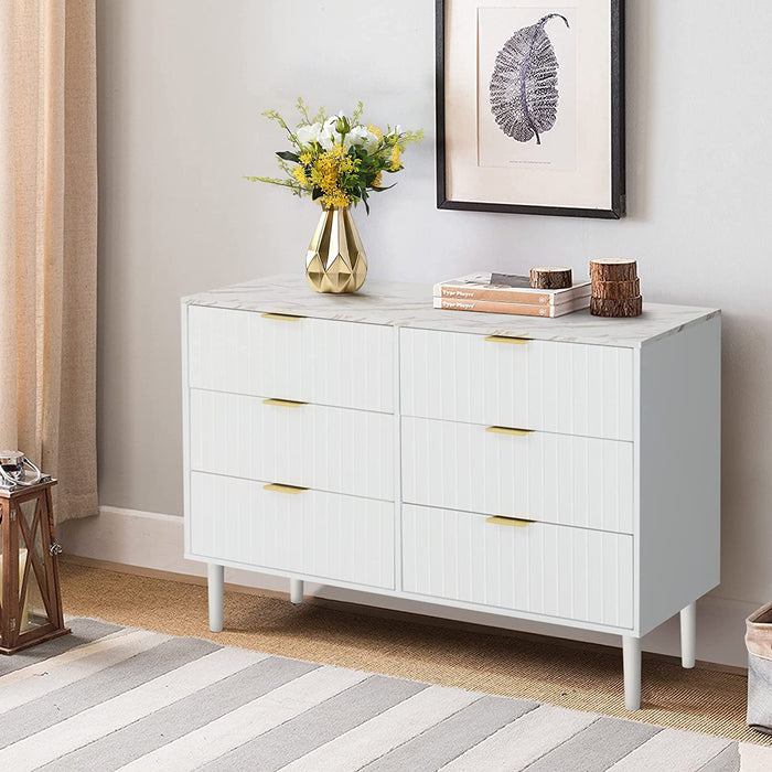 White 6 Drawer Double Dresser, Imitation Marble Texture