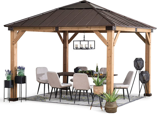 Amari Outdoor Patio 11 Ft. X 11 Ft. Cedar Framed Wood Gazebo with Brown Steel and Polycarbonate Hip Roof Hardtop