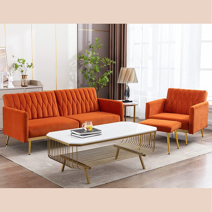 Orange Velvet Chair with Ottoman and Armrests