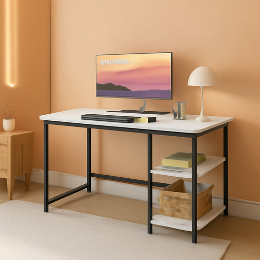 Small White Desk with Monitor Stand and Storage