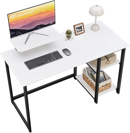 Small White Desk with Monitor Stand and Storage