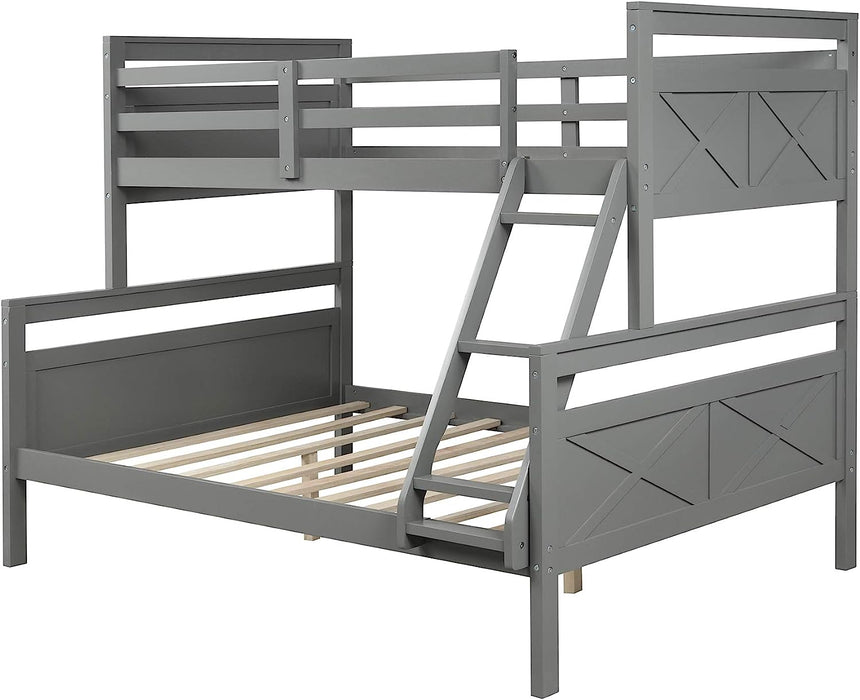 Twin over Full Wood Bunk Bed with Guardrail, Gray