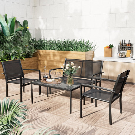 4 Pieces Patio Indoor Furniture Outdoor Patio Furniture Set Textilene Bistro Set Modern Conversation Set Black Bistro Set with Loveseat Tea Table for Home, Lawn and Balcony, Black