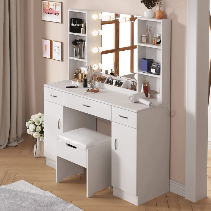 Makeup Vanity Desk with Lights, 3 Drawers, Shelves (White)