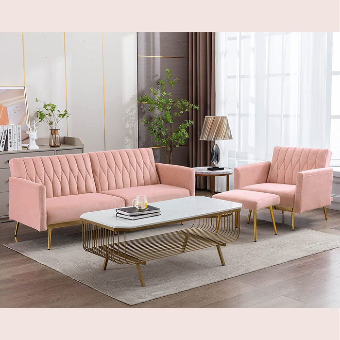 Pink Velvet Convertible Sofa Bed with Metal Legs