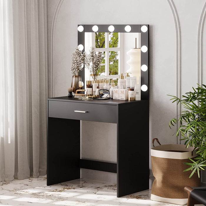 Black Vanity Table with Lighted Mirror and Drawer