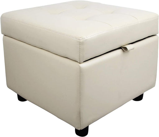 Cream Leather Storage Ottoman with Tufted Top