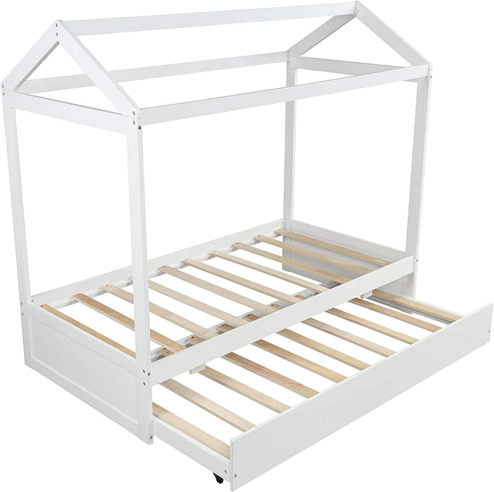 Kids House-Shaped Wooden Floor Bed with Trundle, White/Twin
