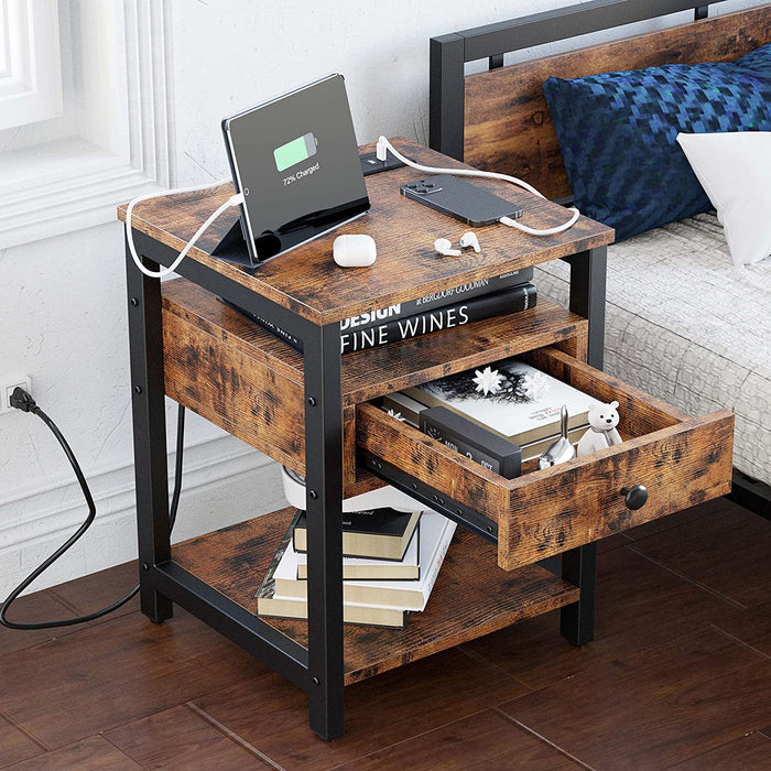 Vintage Brown 3-Tier Nightstand with Charging Station