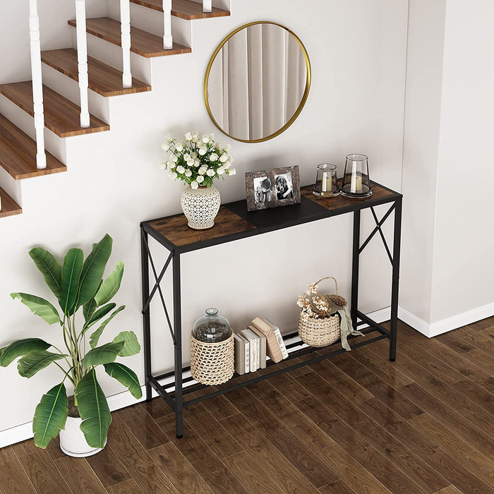 Rustic Industrial Console Table with Shelves