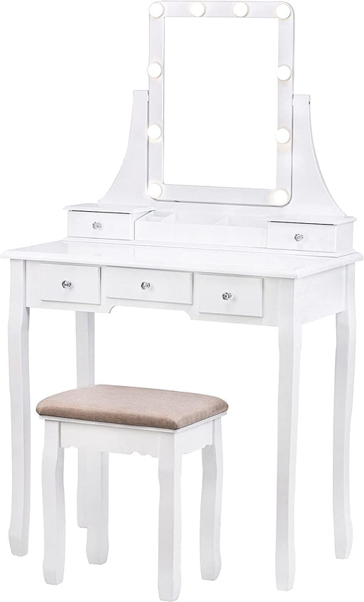 White Vanity Set with Lights, Mirror, and Drawers