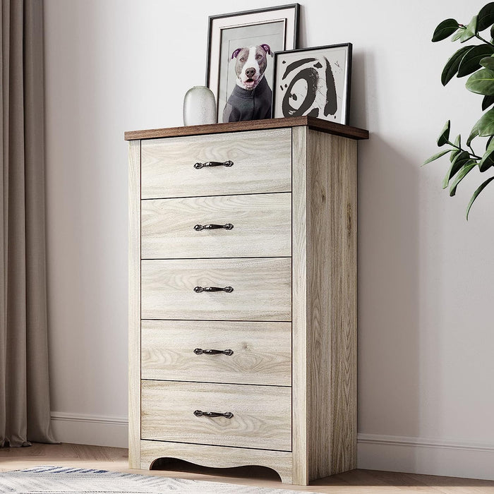 White Tall Dresser with 5 Drawers