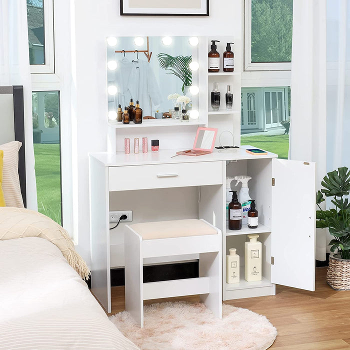 White Vanity Table Set with Lighted Mirror