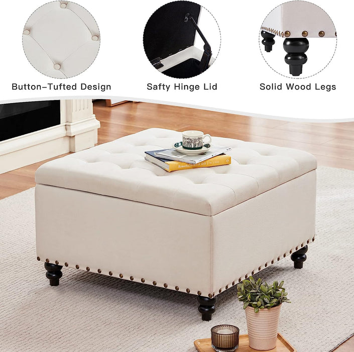 Beige Tufted Ottoman with Storage for Living Room