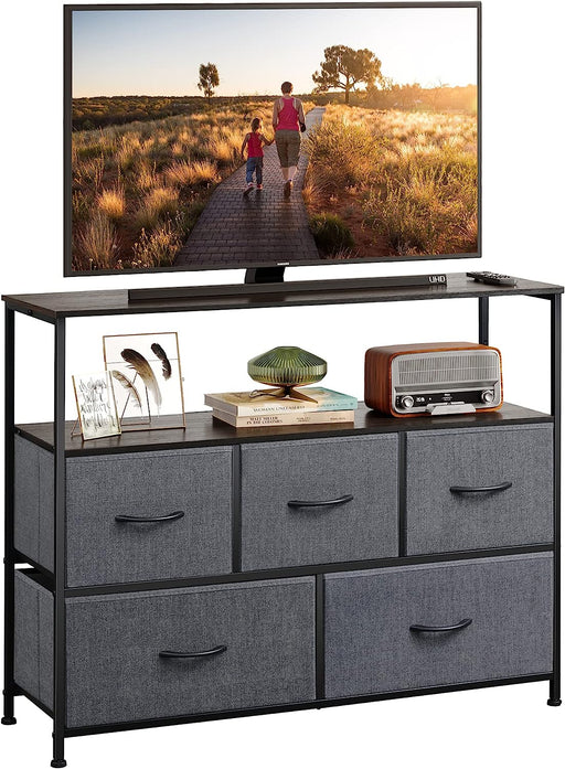 Dark Grey TV Stand with Fabric Drawers
