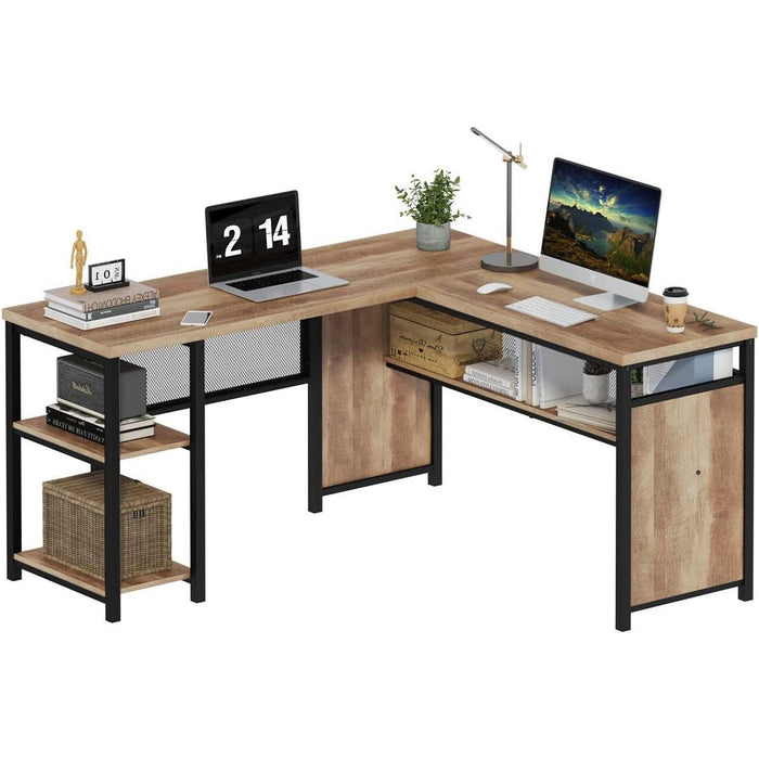 Rustic Industrial L-Shaped Office Desk with Shelves