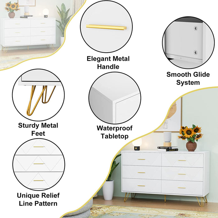 White 6-Drawer Dresser with Wide Drawers