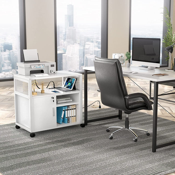 Modern White Rolling File Cabinet with USB Port