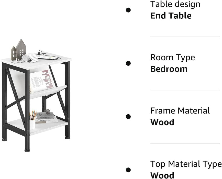 Modern White Oxford End Table with Book Shelf, Dual USB