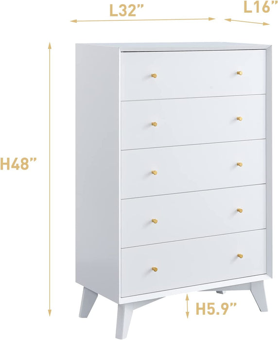 Mid-Century 5 Drawer Dresser in Solid White