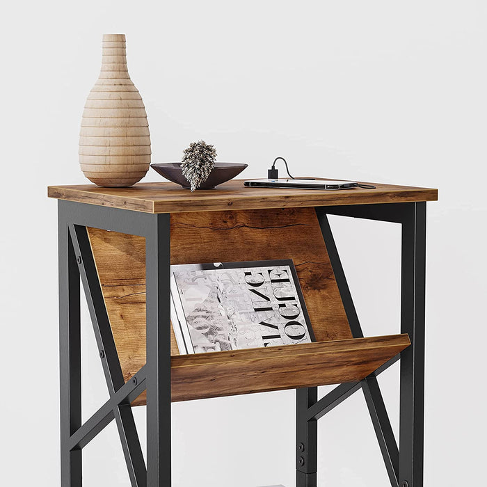 Fir Brown Oxford End Table with Dual USB Charging Ports