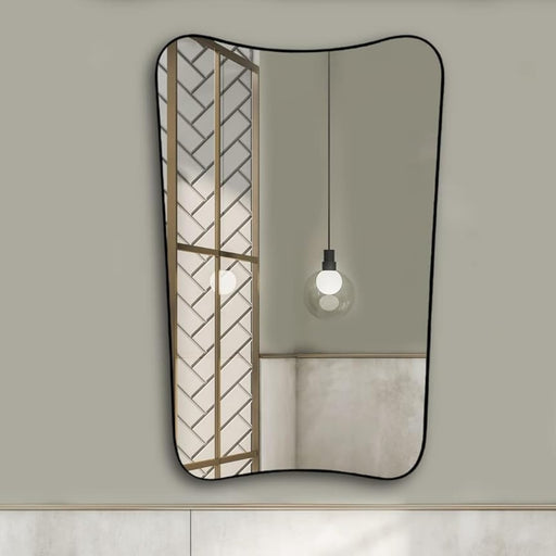 36"X24" Asymmetric Irregular Wall Mirror, Wooden Framed Decorative Mirror for Livingroom Bedroom Bathroom Entryway over Sink Vanity, Horizontally or Vertically Wall Mounted, Black, Aqua