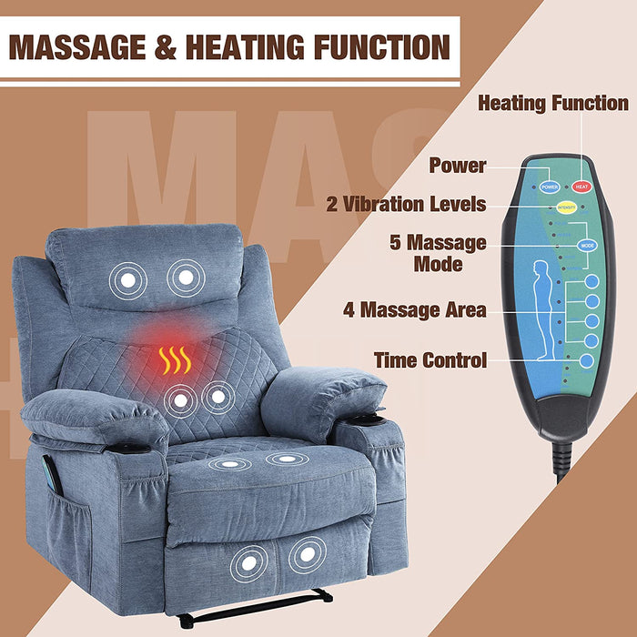 Overstuffed Recliner Chair with Massage and Heat (Light Blue)