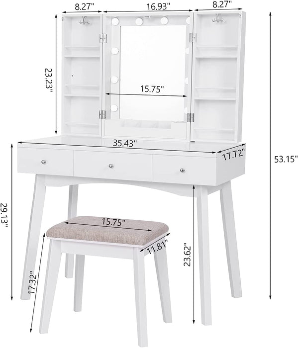 White Vanity Desk Set with Lighted Mirror & Makeup Cabinet