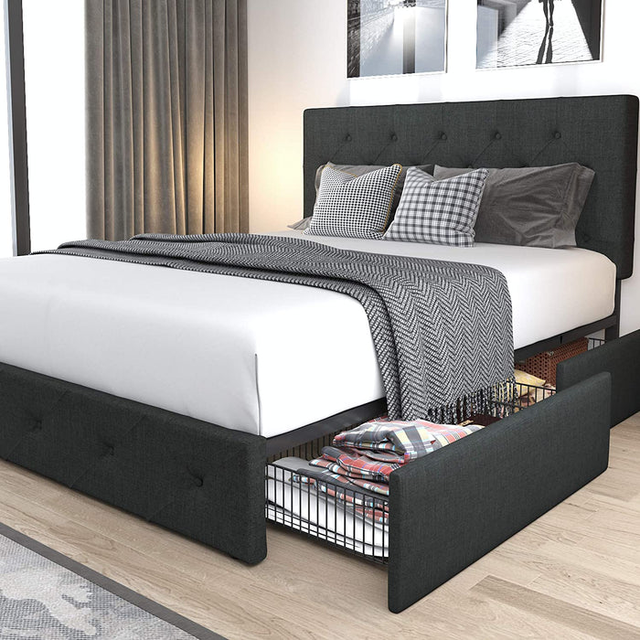 Diamond Stitched Queen Platform Bed, 4 Storage Drawers