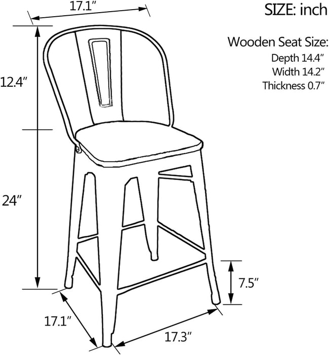 High Back Metal Barstools Set of 4, Wooden Seat