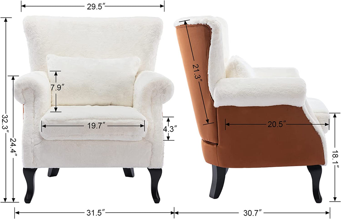 2 White Fur Accent Chairs with Pillow