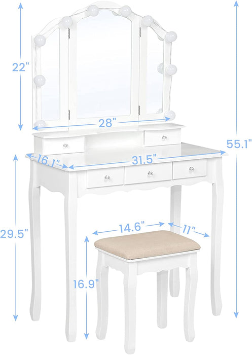 White Makeup Vanity Set with Lighted Mirror and Stool