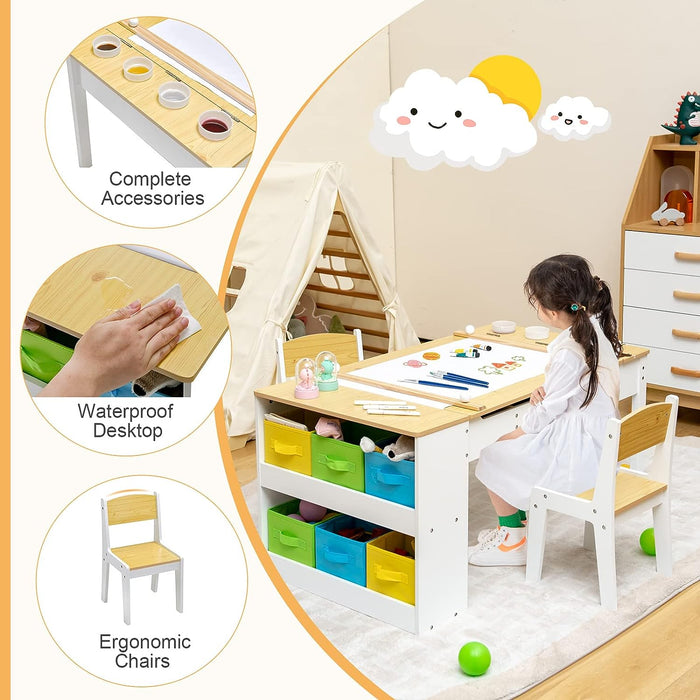 Costzon Kids Art Table and Chair Set, Wooden Drawing Painting Craft Center  with Paper Roll, 2 Markers, 2 Storage Bins, Kids Activity Play Table with 2