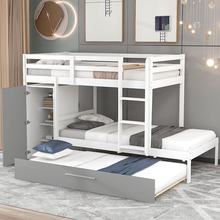Wooden Twin Bunk Bed with Trundle and Built-In Storage Wardrobe