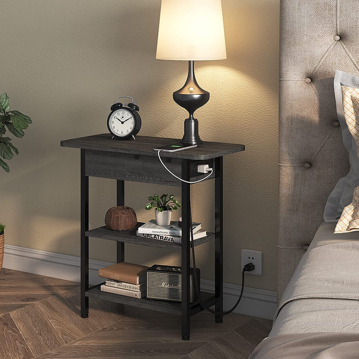 End Table with Charging Station, Flip Top Side Table for Small Spaces, Dark Grey