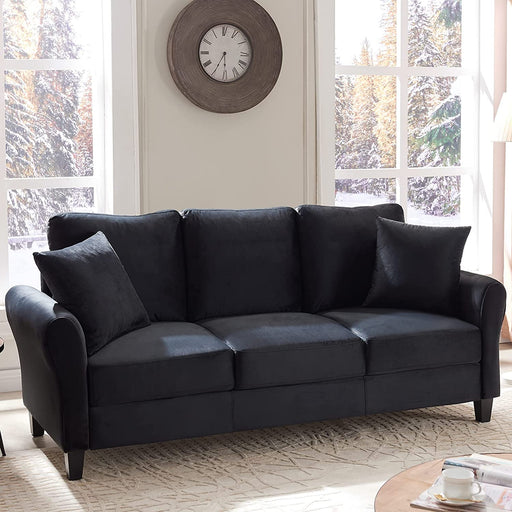 Modern Velvet 3-Seater Sofa with Pillows (Black)