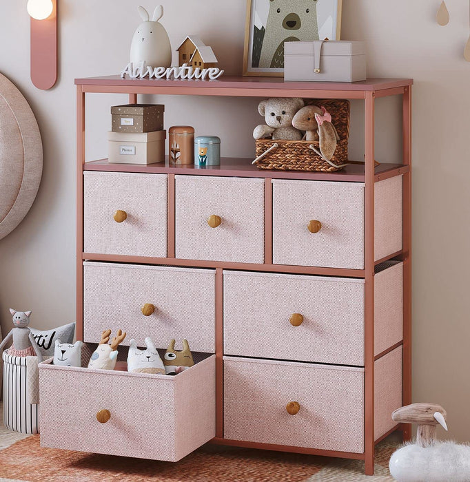 Pink Dresser with 7 Drawers and 2 Shelves