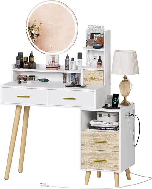White Vanity Desk with Mirror, Lights, and Charging Station