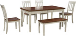 Brown and Cottage White 6-Piece Wood Dining Room Table Set with Drawers, Bench, and 4 Chairs